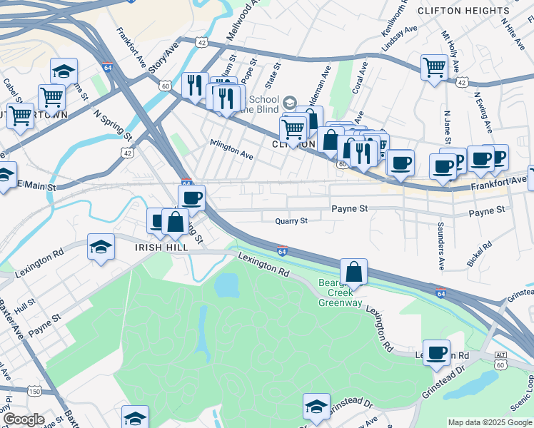 map of restaurants, bars, coffee shops, grocery stores, and more near 1822 Payne Street in Louisville