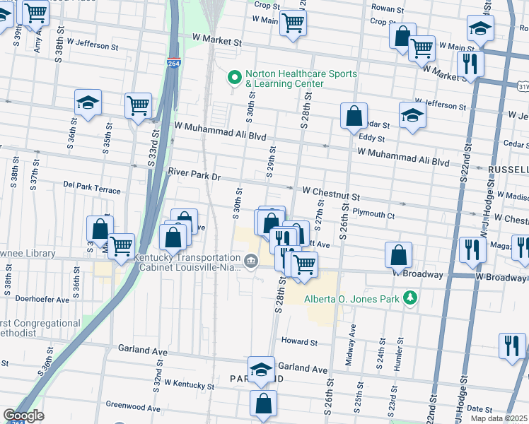 map of restaurants, bars, coffee shops, grocery stores, and more near South 29th Street in Louisville