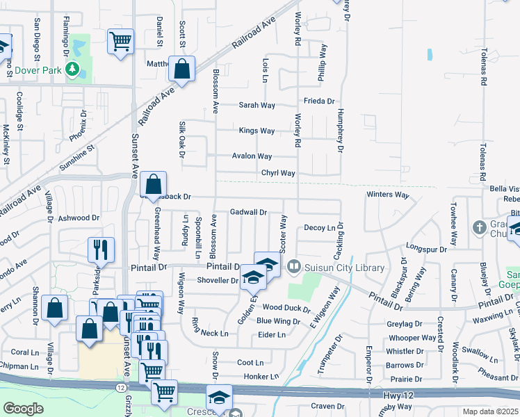 map of restaurants, bars, coffee shops, grocery stores, and more near 500 Gadwall Drive in Suisun City