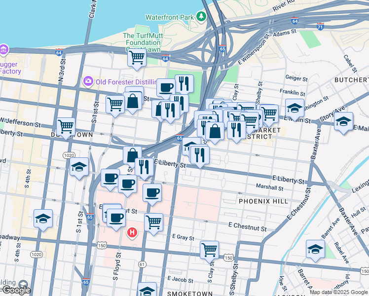 map of restaurants, bars, coffee shops, grocery stores, and more near 500 East Jefferson Street in Louisville