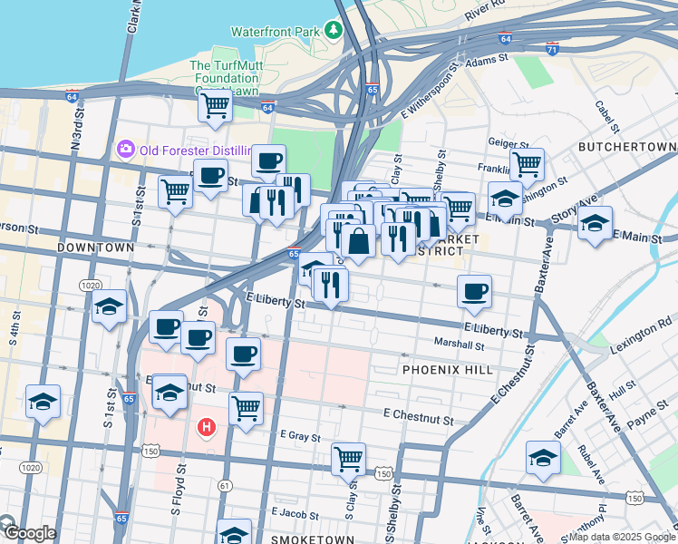 map of restaurants, bars, coffee shops, grocery stores, and more near East Jefferson Street in Louisville