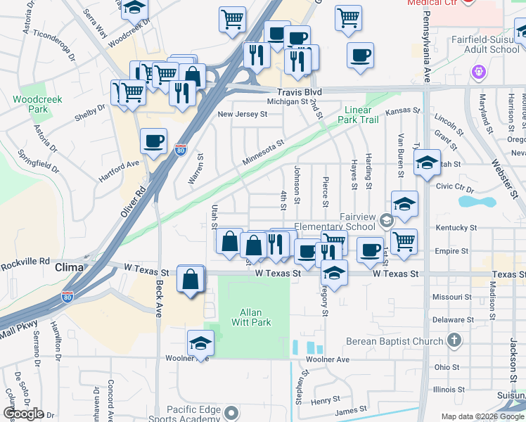 map of restaurants, bars, coffee shops, grocery stores, and more near 1737 Vermont Street in Fairfield