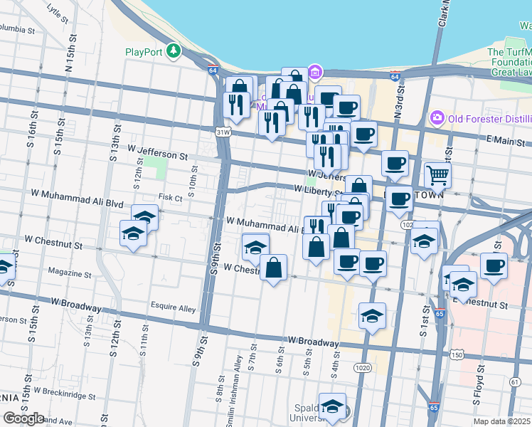 map of restaurants, bars, coffee shops, grocery stores, and more near 700 West Liberty Street in Louisville