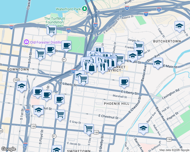 map of restaurants, bars, coffee shops, grocery stores, and more near 612 East Market Street in Louisville