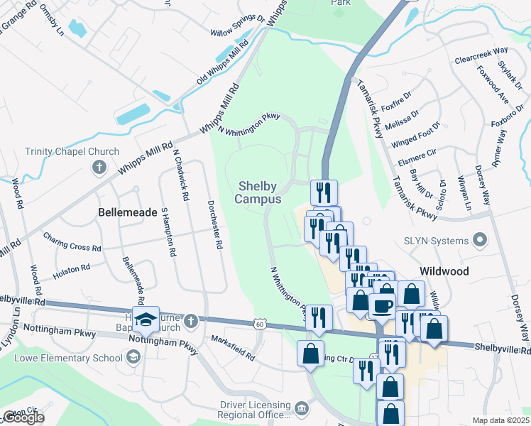 map of restaurants, bars, coffee shops, grocery stores, and more near 435 North Whittington Parkway in Louisville