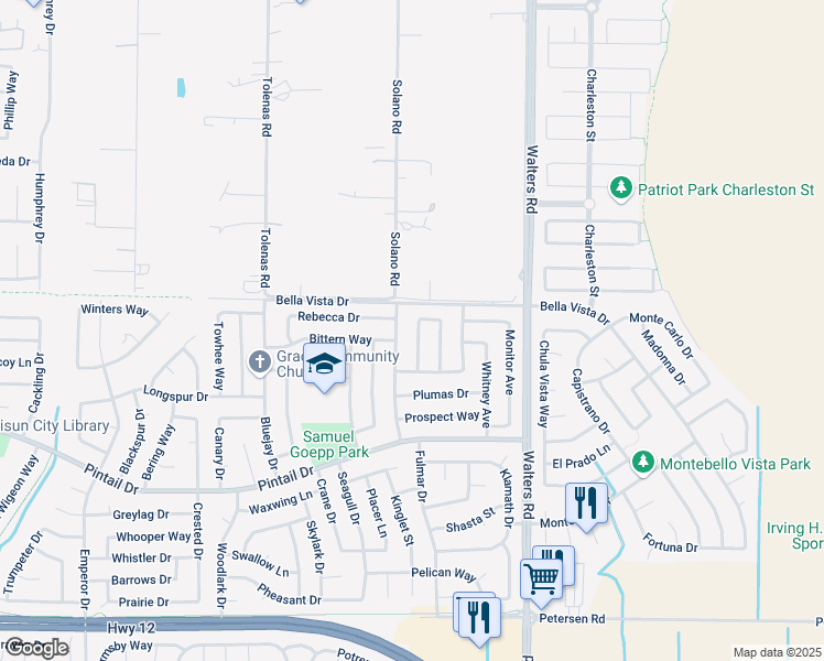 map of restaurants, bars, coffee shops, grocery stores, and more near 824 Tulare Circle in Suisun City