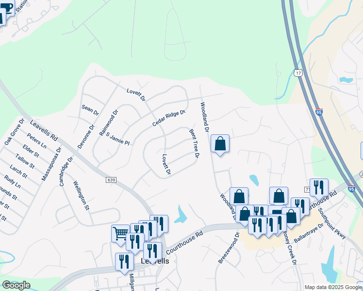map of restaurants, bars, coffee shops, grocery stores, and more near 5308 Briarbend Court in Fredericksburg