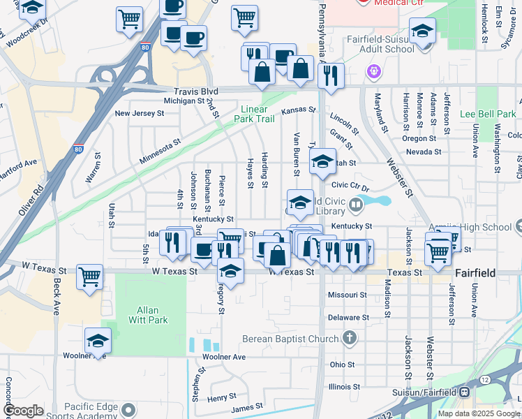 map of restaurants, bars, coffee shops, grocery stores, and more near 913 Harding Street in Fairfield