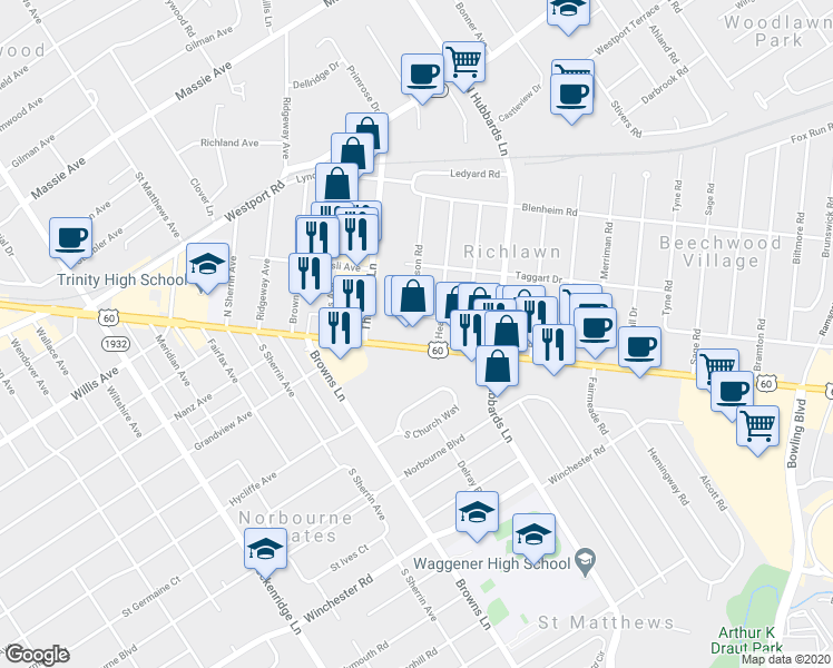 map of restaurants, bars, coffee shops, grocery stores, and more near 116 Heady Avenue in Louisville