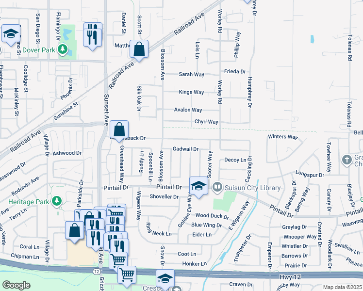map of restaurants, bars, coffee shops, grocery stores, and more near 416 Canvasback Drive in Suisun City