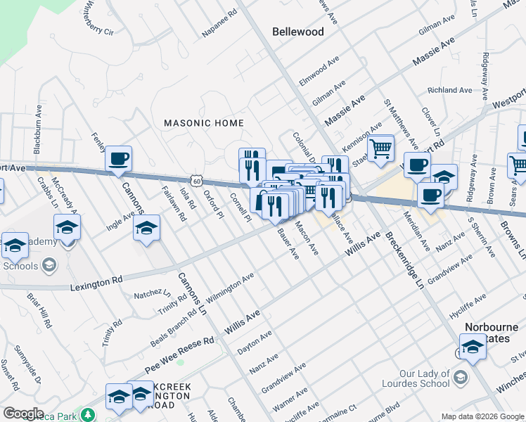 map of restaurants, bars, coffee shops, grocery stores, and more near 102 Bauer Avenue in Louisville