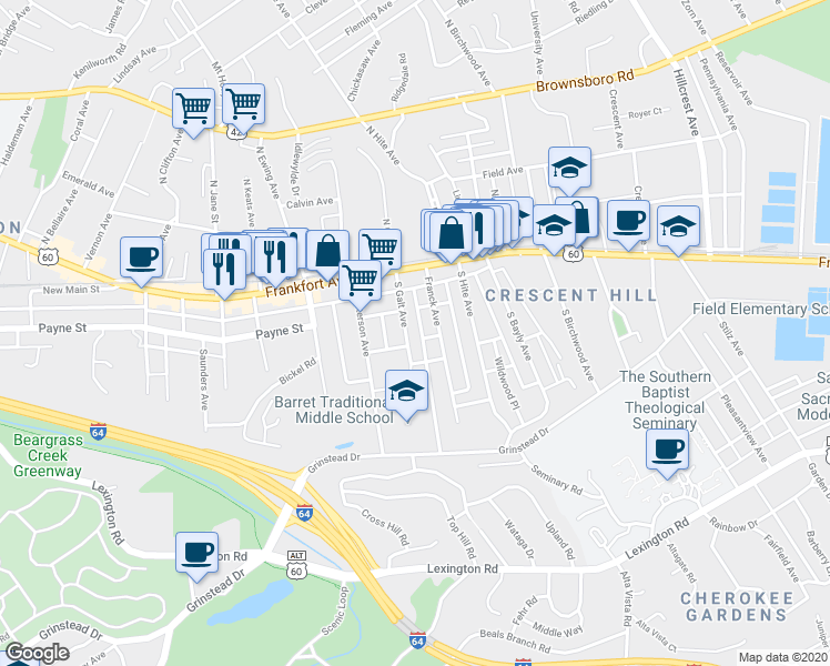map of restaurants, bars, coffee shops, grocery stores, and more near 200 Franck Avenue in Louisville