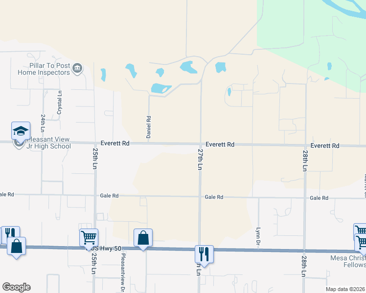 map of restaurants, bars, coffee shops, grocery stores, and more near 26680 County Road 21 in Pueblo