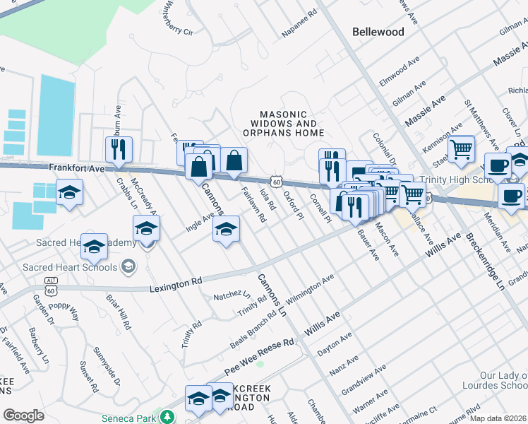 map of restaurants, bars, coffee shops, grocery stores, and more near 106 Iola Road in Saint Matthews