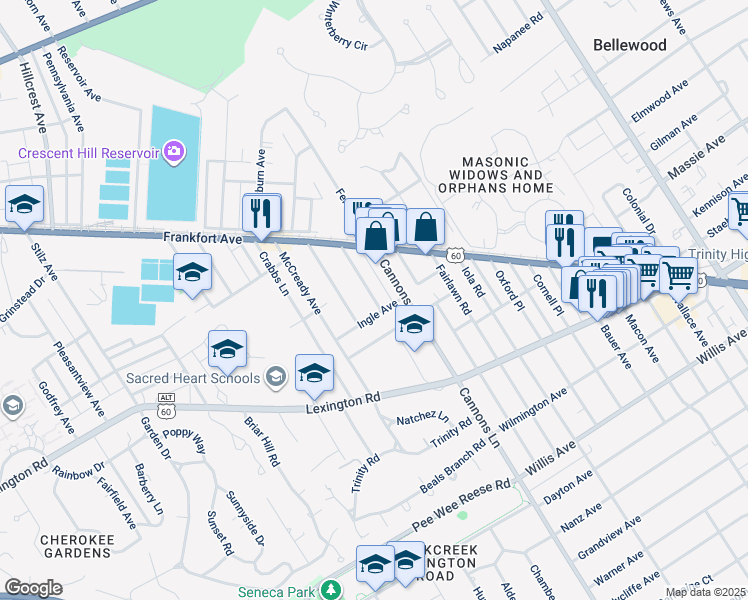 map of restaurants, bars, coffee shops, grocery stores, and more near 150 Weisser Avenue in Louisville