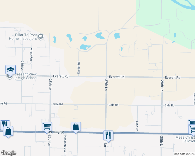 map of restaurants, bars, coffee shops, grocery stores, and more near 26680 County Road 21 in Pueblo