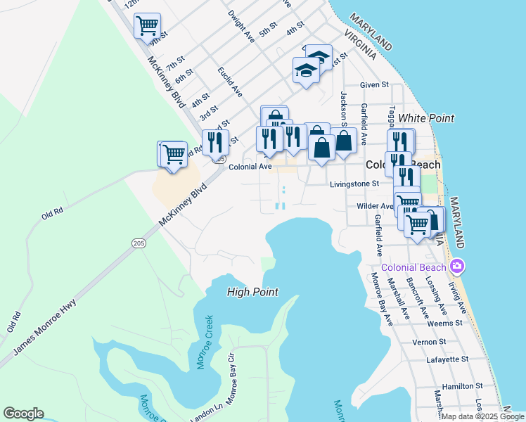 map of restaurants, bars, coffee shops, grocery stores, and more near 213 Monroe Street in Colonial Beach