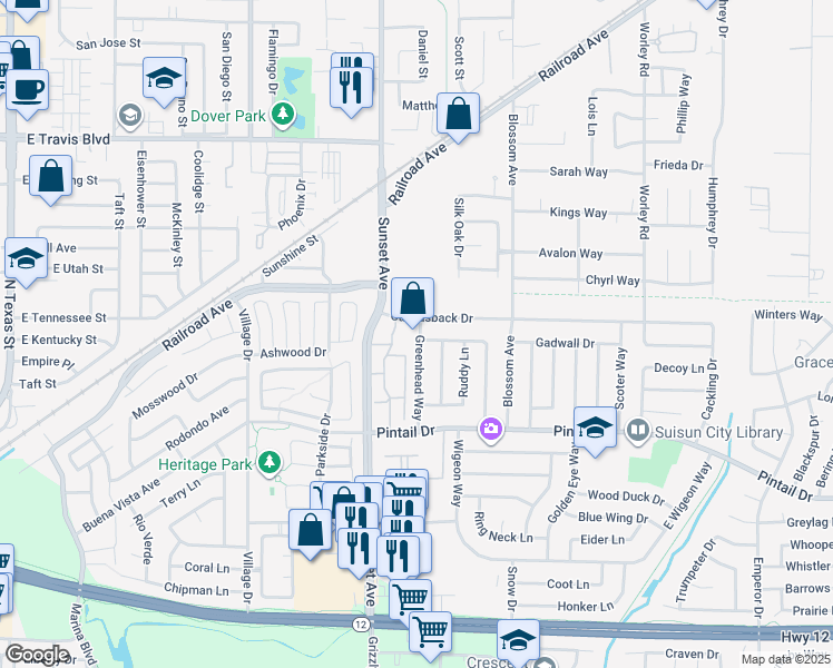 map of restaurants, bars, coffee shops, grocery stores, and more near 306A Canvasback Drive in Suisun City