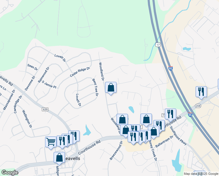 map of restaurants, bars, coffee shops, grocery stores, and more near 5224 McManus Drive in Fredericksburg