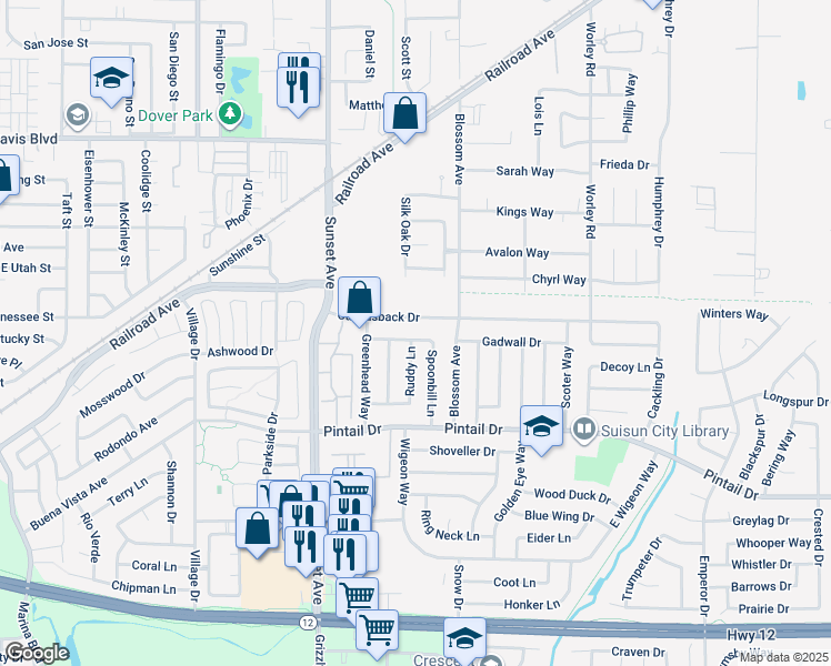 map of restaurants, bars, coffee shops, grocery stores, and more near 330 Spoonbill Lane in Suisun City
