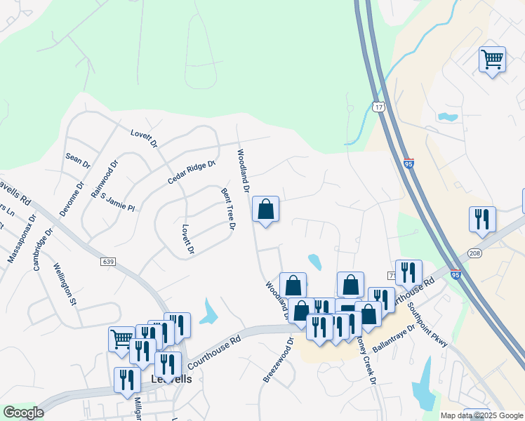 map of restaurants, bars, coffee shops, grocery stores, and more near 5224 McManus Drive in Fredericksburg