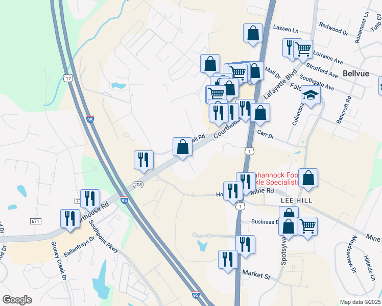 map of restaurants, bars, coffee shops, grocery stores, and more near 10823 Courthouse Road in Fredericksburg