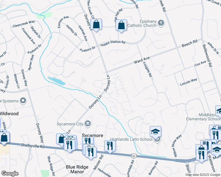 map of restaurants, bars, coffee shops, grocery stores, and more near 511 Dorsey Lane in Louisville