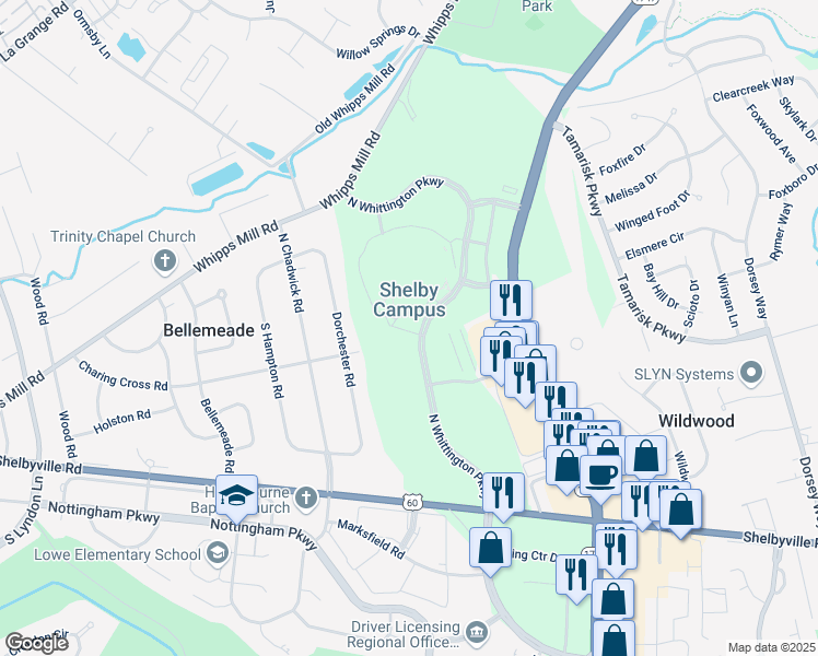 map of restaurants, bars, coffee shops, grocery stores, and more near 310 North Whittington Parkway in Louisville