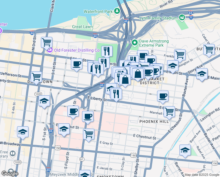 map of restaurants, bars, coffee shops, grocery stores, and more near 500 East Jefferson Street in Louisville