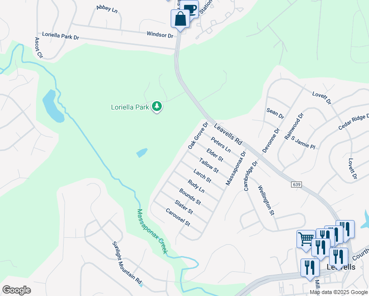 map of restaurants, bars, coffee shops, grocery stores, and more near 6021 Oak Grove Drive in Fredericksburg
