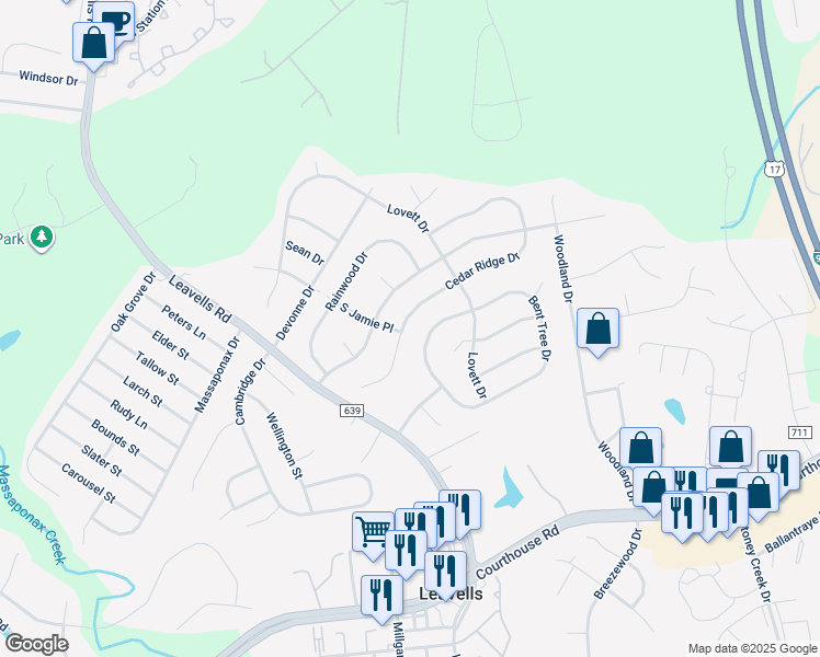 map of restaurants, bars, coffee shops, grocery stores, and more near 5414 Cedar Ridge Drive in Fredericksburg