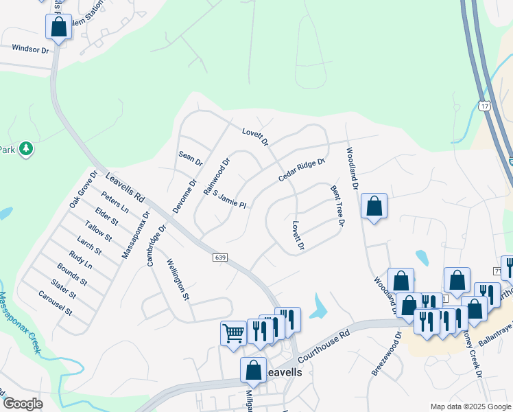 map of restaurants, bars, coffee shops, grocery stores, and more near 5414 Cedar Ridge Drive in Fredericksburg