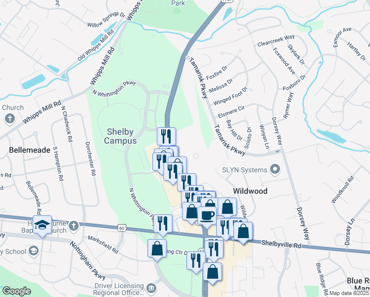 map of restaurants, bars, coffee shops, grocery stores, and more near 307 North Hurstbourne Parkway in Louisville