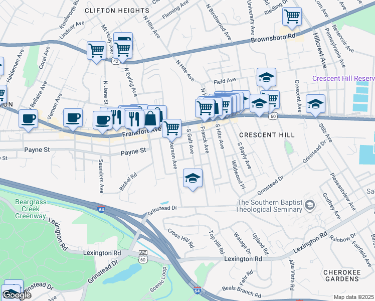 map of restaurants, bars, coffee shops, grocery stores, and more near 200 South Galt Avenue in Louisville