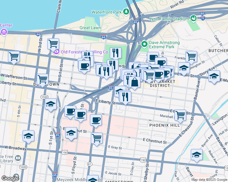 map of restaurants, bars, coffee shops, grocery stores, and more near 430 East Market Street in Louisville
