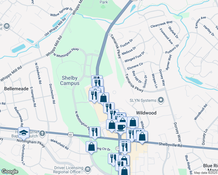 map of restaurants, bars, coffee shops, grocery stores, and more near 305 North Hurstbourne Parkway in Louisville