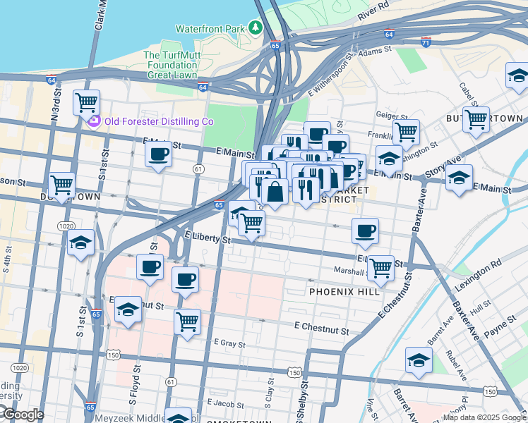 map of restaurants, bars, coffee shops, grocery stores, and more near 612 East Market Street in Louisville