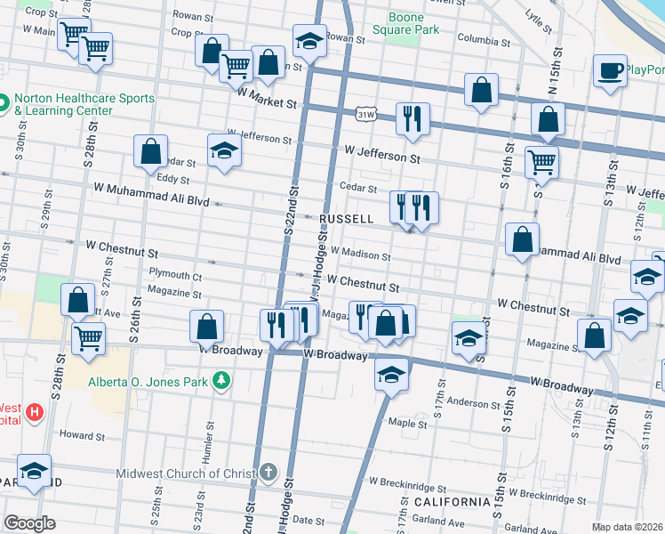 map of restaurants, bars, coffee shops, grocery stores, and more near 527 South 20th Street in Louisville