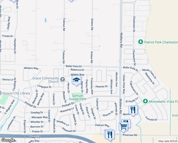 map of restaurants, bars, coffee shops, grocery stores, and more near 1317 Rebecca Drive in Suisun City