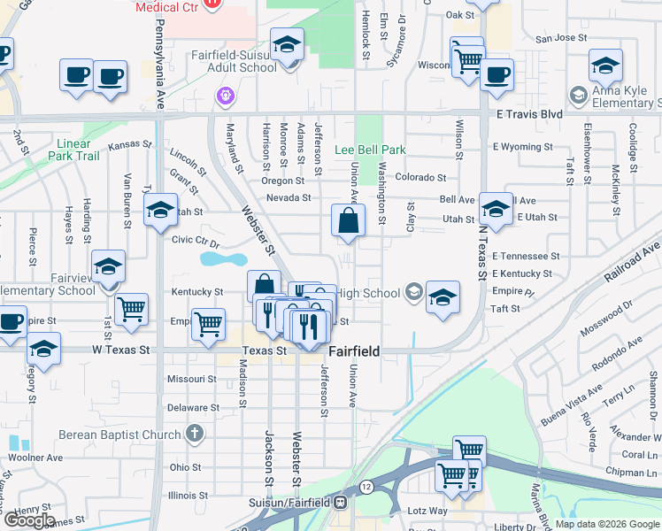 map of restaurants, bars, coffee shops, grocery stores, and more near 1050 Jefferson Street in Fairfield