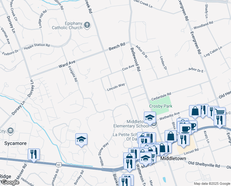 map of restaurants, bars, coffee shops, grocery stores, and more near 524 Old Harrods Creek Road in Louisville