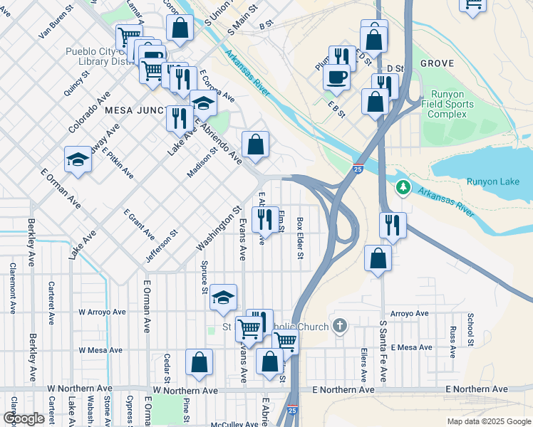 map of restaurants, bars, coffee shops, grocery stores, and more near 808 East Abriendo Avenue in Pueblo