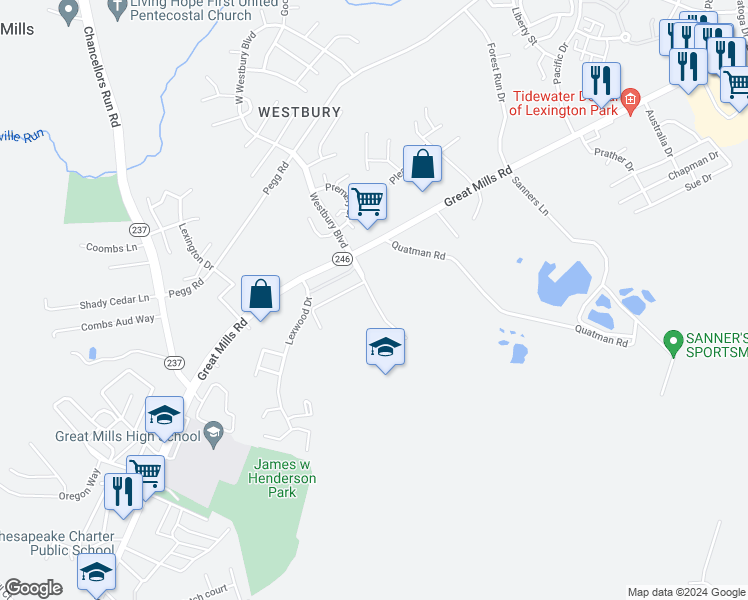 map of restaurants, bars, coffee shops, grocery stores, and more near Carver School Boulevard in Lexington Park