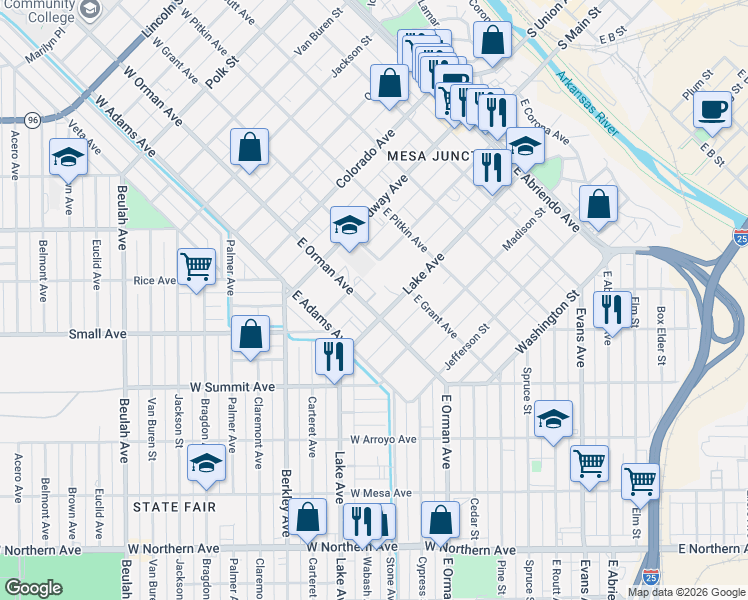 map of restaurants, bars, coffee shops, grocery stores, and more near 316 East Orman Avenue in Pueblo