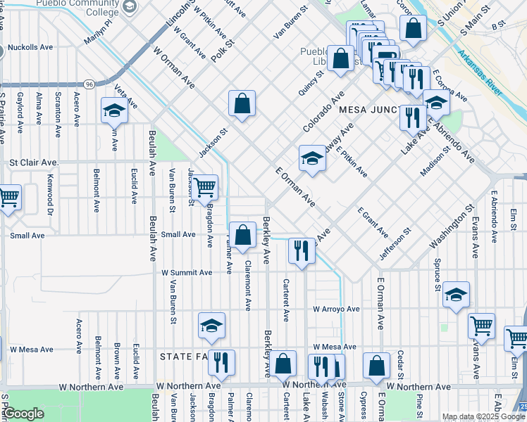 map of restaurants, bars, coffee shops, grocery stores, and more near 701 Berkley Avenue in Pueblo