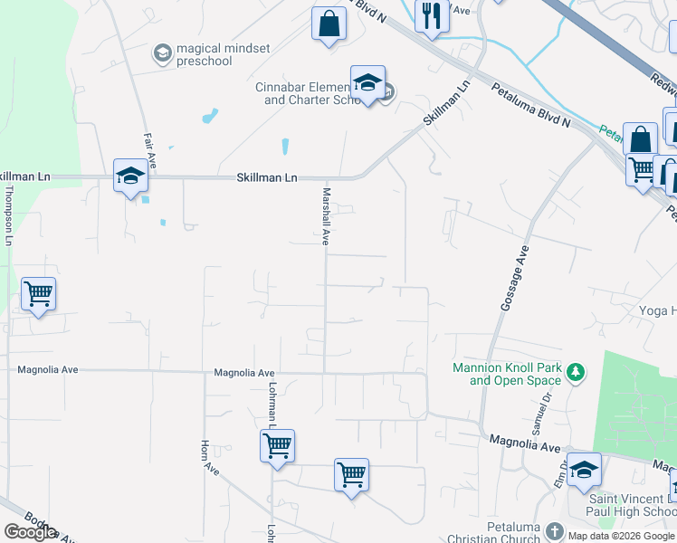 map of restaurants, bars, coffee shops, grocery stores, and more near 442 Marshall Avenue in Petaluma