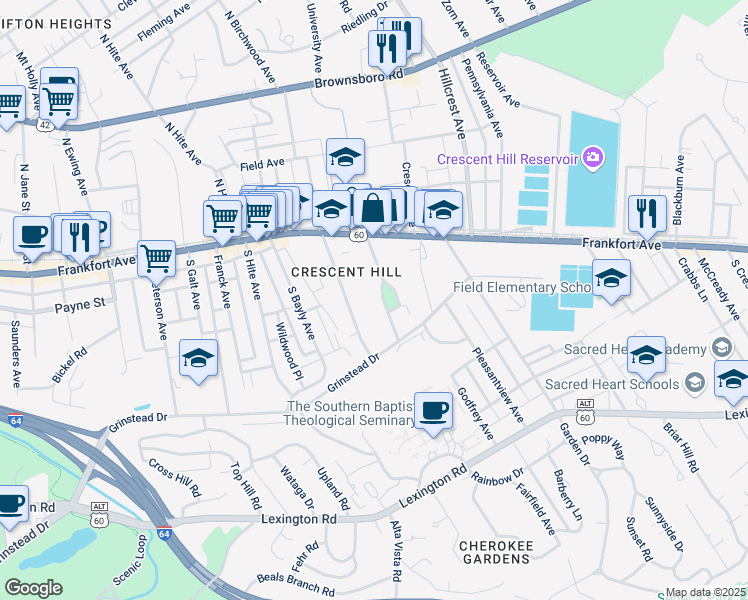 map of restaurants, bars, coffee shops, grocery stores, and more near in Louisville