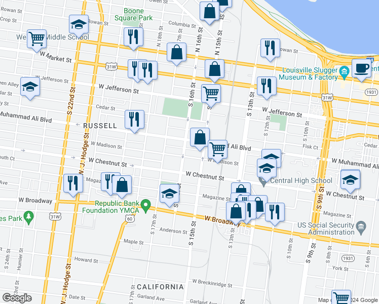 map of restaurants, bars, coffee shops, grocery stores, and more near 510 South 16th Street in Louisville