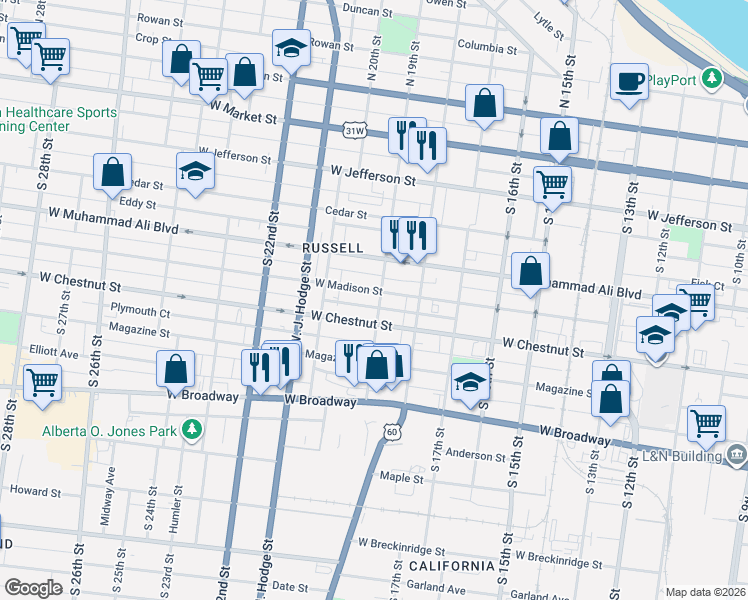 map of restaurants, bars, coffee shops, grocery stores, and more near 1921 West Madison Street in Louisville