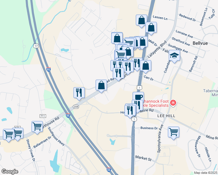 map of restaurants, bars, coffee shops, grocery stores, and more near 10823 Courthouse Road in Fredericksburg